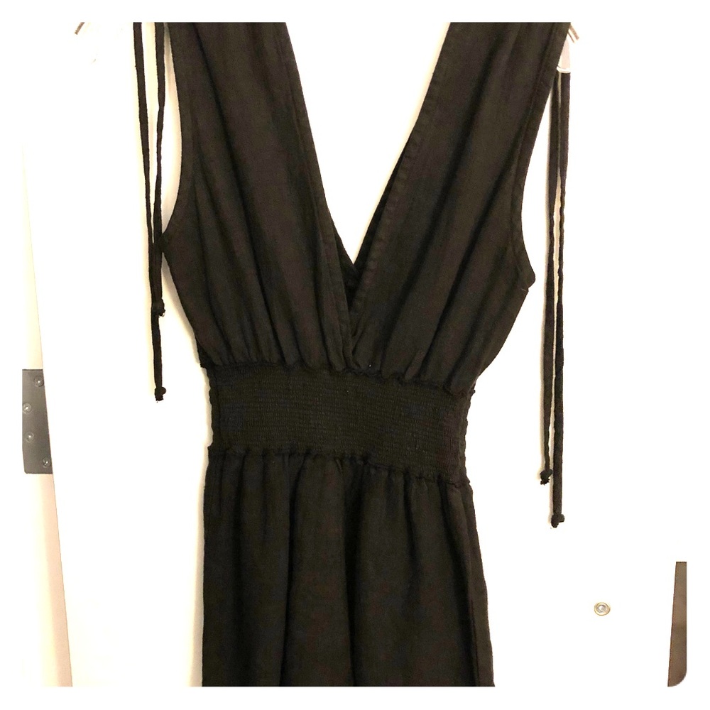 Black deep V neck linen romper